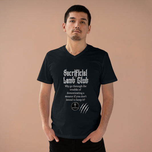 Men’s Presenter V-neck, Sacrificial Lamb Club Merch. Monster shirt with hilarious tag